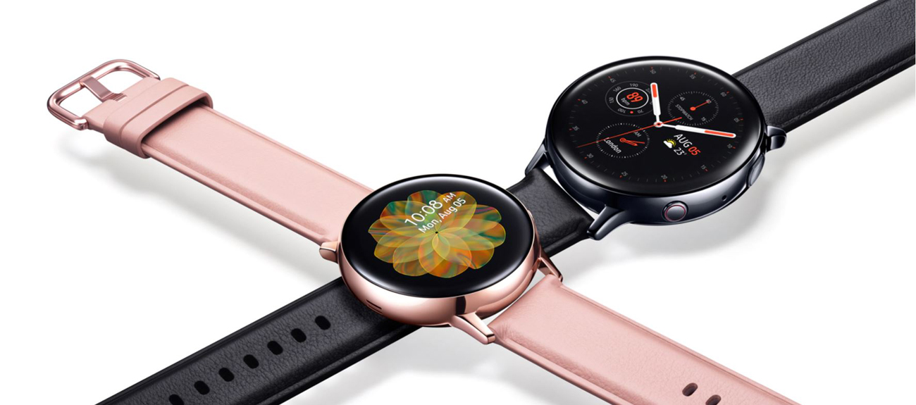 A black Galaxy Watch Active2 is under a pink gold Galaxy Watch Active2.